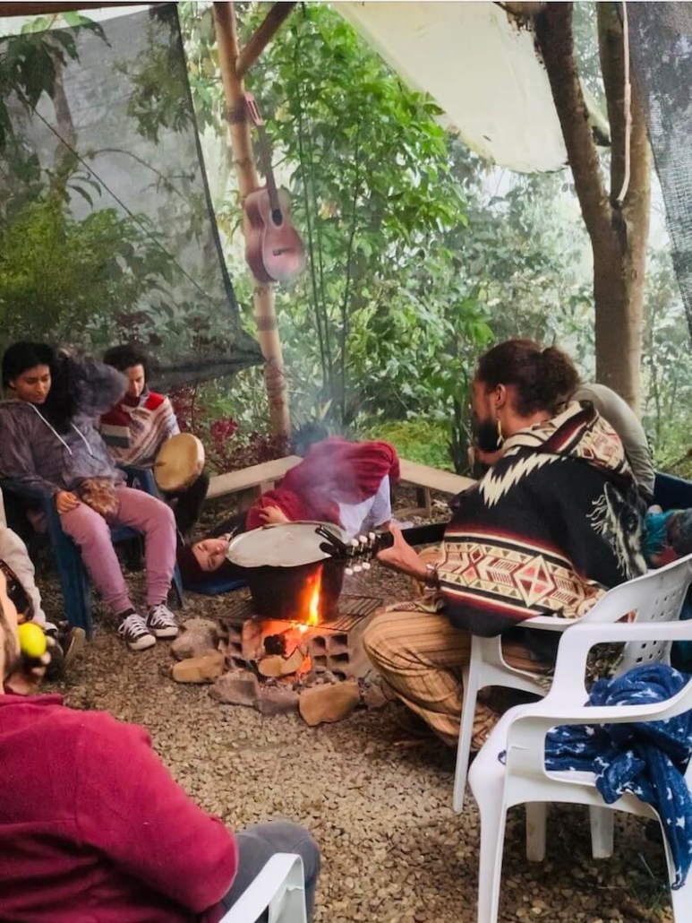 Ayahuasca Zeremonie Musik am Feuer