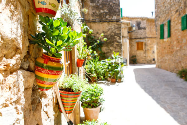 Pflanzen in Töpfen in einer Straße auf Mallorca